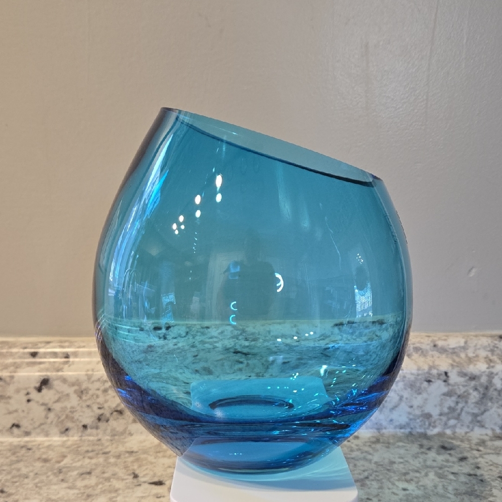LSA International Peacock Blue Blown Glass Vase with Slanted Rim